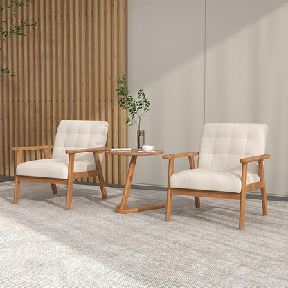 KCC Mid-Century Modern Linen Fabric Accent Chair, Upholstered Leisure Chair Comfy Reading Side Chair with Armrest and Solid Wood Frame for Living Room Bedroom Balcony(Beige)
