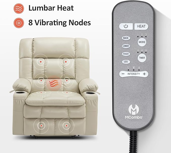 MCombo Dual Motor Power Lift Recliner Chair for Elderly, Lay Flat Lift Chair with Heat and Massage, Oversized Lift Recliner for Big and Tall, Faux Leather R7891 (Cream White, Oversized)