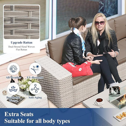 6-Piece Patio Furniture Set, Outdoor Extra Wide Armrest Modular Patio Sofa, Dual-Strand Rattan Wicker, Rust-Resistant Frame, Backyard High Back, Large Seat Furniture for Porch Garden Balcony, Khaki
