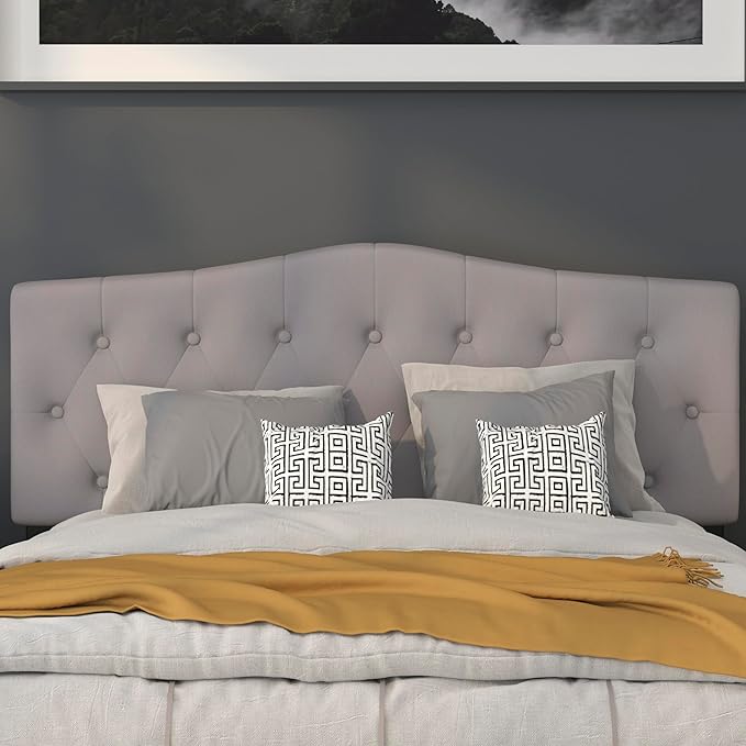 BizChair Arched Button Tufted Queen Size Headboard in Light Gray Fabric