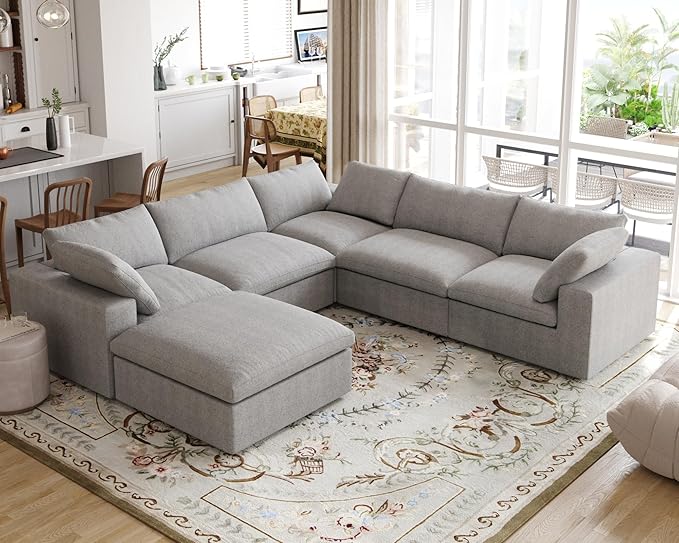 Cloud Modular Sectional Sofa for Livingroom,Large Down Filled Comfort Corner Sectional Sofa Couch with Ottoman,Wide Deep Seat Convertible Couches for Office Apartment,V Shaped,Grey