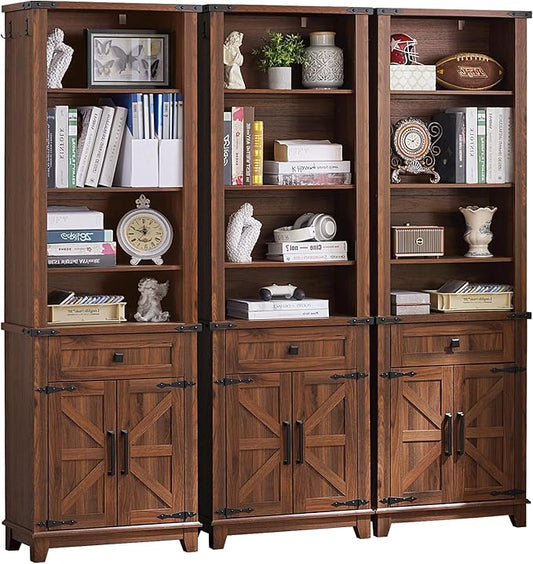 72in Tall Bookshelf 7 Tier Bookcase with Drawer and Barn Doors and Adjustable Shelves, Brown Farmhouse Book Shelf with Storage Cabinet, Wood Freestanding Display Bookshelves for Kitchen (3PCS)