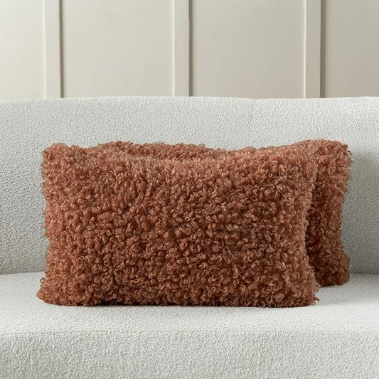 FUTEI Rust Decorative Throw Pillow Covers 12x20 Inch Set of 2,Soft Fluffy Faux Wool Fur Boucle Textured Lumbar Pillow Case,Modern Home Decor for Couch Bed Living Room Office