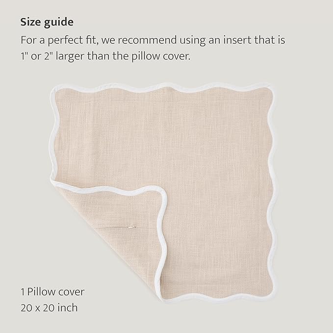 Double Stitch Scalloped Throw Pillow Covers - 100% Cotton Decorative Boho Pillow Covers 20 x 20, Made in India, Square Cushion Case, Modern Home Decor for Couch Sofa Living Room, Oat Milk