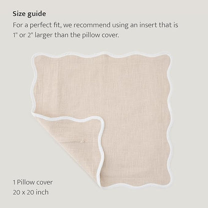 Double Stitch Scalloped Throw Pillow Covers - 100% Cotton Decorative Boho Pillow Covers 20 x 20, Made in India, Square Cushion Case, Modern Home Decor for Couch Sofa Living Room, Oat Milk