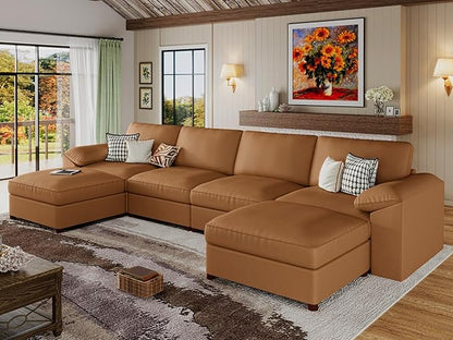 EASE MOOSE Oversized Modular Sectional Sofa,Leather Sectional Couch with Deep Seat,Extra Large U Shaped Couch,Faux Leather Material Sofa Modern Comfy Scratch Resistant,Brown