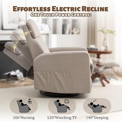 Power Swivel Recliner Chairs for Adults, Electric Glider Rocking Chair Nursery, Glider Recliner Nursery Chair with Classified Side Pocket, Nursery Rocking Chairs with USB and Type-C Ports