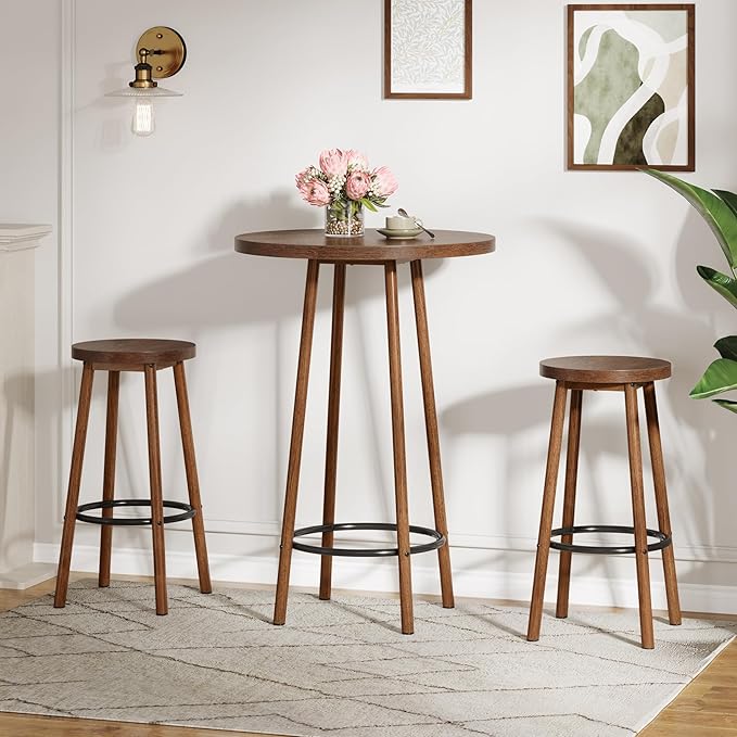 Tribesigns 3 Pieces Bar Table Set, 23.6" Round Pub Table, Small Bar Height Pub for 2, Industrial Home Bar Unit Set with 2 Stools for Kitchen, Dining Room, Living Room & Bistro, Rustic Brown
