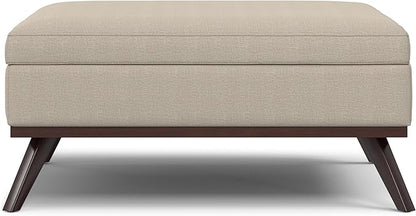 SIMPLIHOME Owen 40 inch Wide Mid Century Modern Square XL Coffee Table Storage Ottoman in Natural Polyester Fabric, Assembled, for The Living Room, Entryway and Family Room