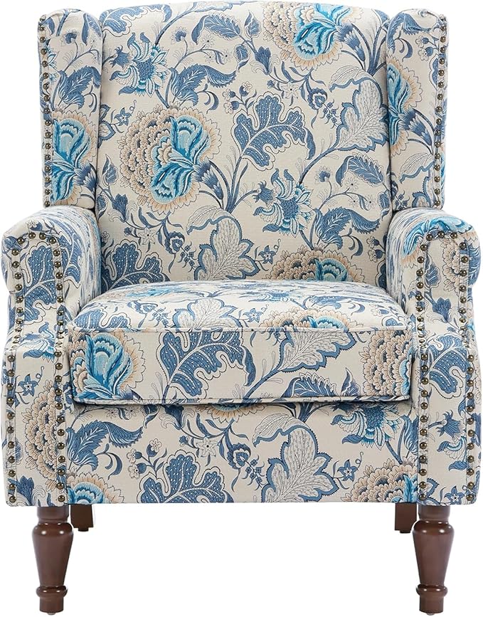 UIXE High Back Floral Accent Chair, Fabric Upholstered Armchair Wingback Arm Chair for Living Room, Nailhead Trim Single Sofa Bedroom Side Reading Seat with Retro Solid Wood Legs - Boho Blue