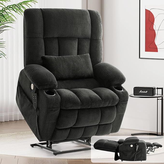 Power Lift Recliner Chair for Adults Oversized Infinite Position Lift Chair for Elderly W/Massage & Heat, Lay Flat Recliner, One-Touch Reset, Cup Holders, Lumbar Pillow, Fabric (Premium, Light Grey)