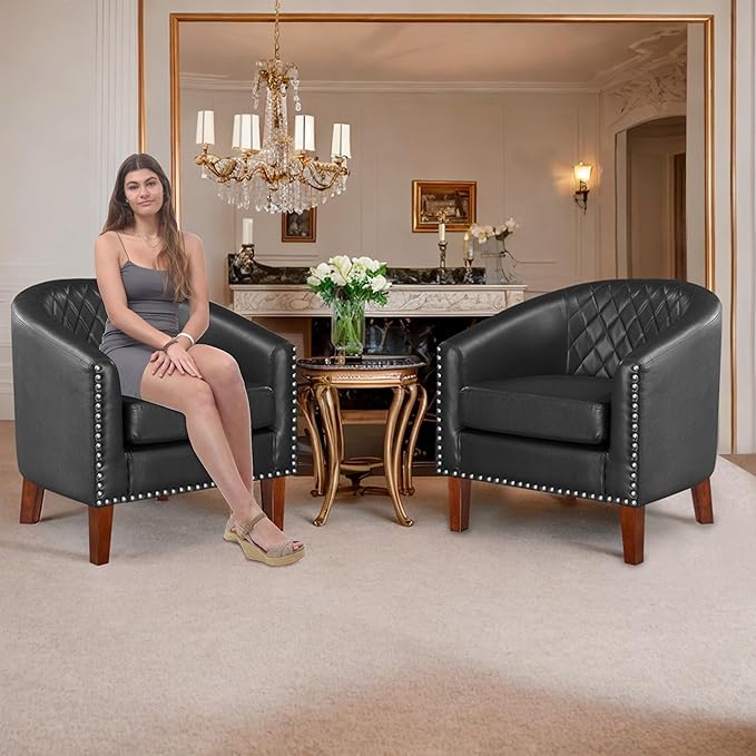 Prilinex Comfy Barrel Accent Chair Set of 8 - Faux Leather Living Room Chair Club Chair with Cushion, Diamond Grid Backrest & Nailhead Trim, Guest Chair for Office, Bedroom & Waiting Room, Black