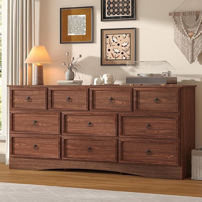 Farmhouse 10 Drawer Dresser for Bedroom – 63'' Long Dresser Wood Chest of Drawers,TV Stand for 75 inch TV, Storage Organizer Furniture, Hallway, Entryway, Closet, Cherry Wood