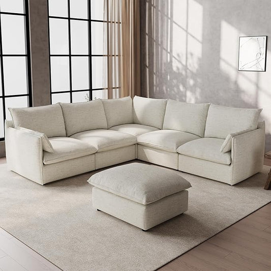 Cloud Sectional Couches for Living Room,High Backrest Down Filled Spill & Stain-Resistant Cloud Couch,6 Seater Oversized Modular V-Shaped Sofas,Removable Washable Cushion Covers,Cream White