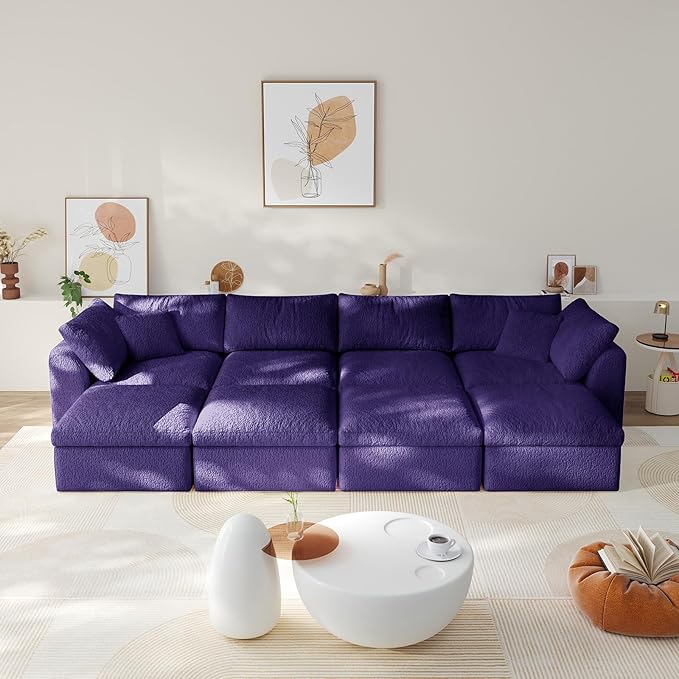 138" Boneless Cloud Couch Modular Sectional Sofa with Deep Seat for Living Room, L Shape Couch with Ottoman, Snowflake Cloth and 40D Memory Sponge，2 Throw Pillows (Purple, 4 Seater+4 Ottoman)