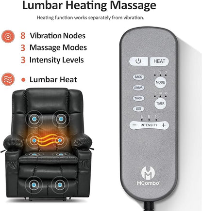 MCombo Dual Motor Large Power Lift Recliner Chair for Elderly, Lay Flat Lift Chair with Heat and Massage, Big Lift Recliner for Tall People, Faux Leather 7896 (Black, Large)