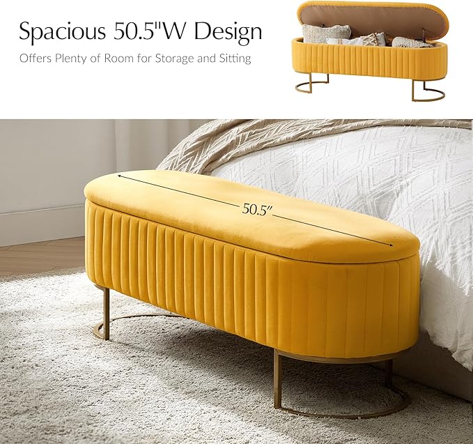 EcoHarbor Living 50.5" Bedroom Velvet Storage Bench,Upholstered End of Bed Bench with Gold Legs,Entryway Footrest Seat, Mustard