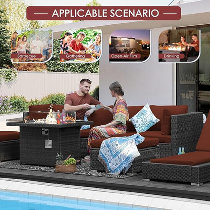 NICESOUL 9 Piece Plus Size Outdoor Patio Conversation Set with Firepit Natural Gas/Propane, 29.3'' High Back Modular Sectional Sofa Sets, Heavy Duty Backyard Furniture, 2 Color Cushion Red & Grey