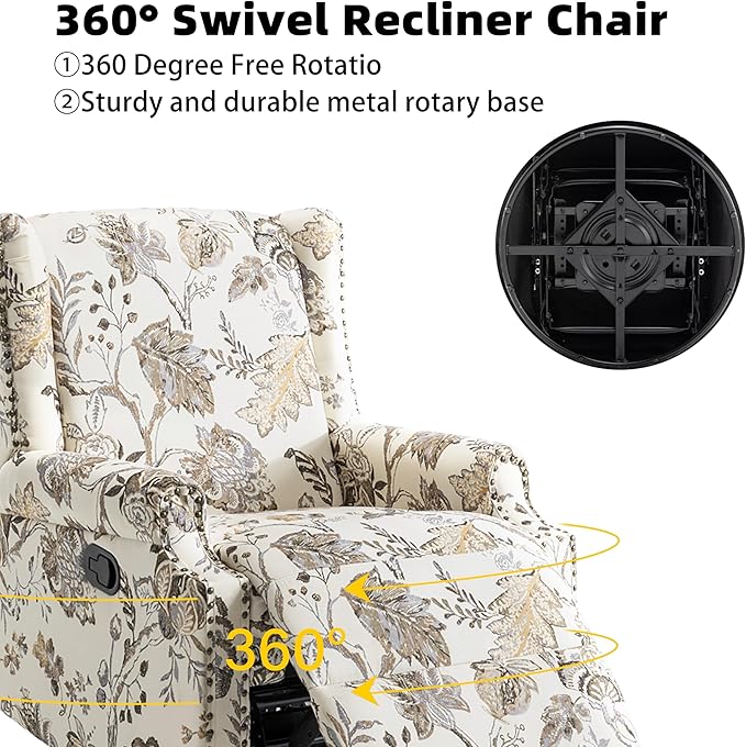 Swivel Glider Recliner Chairs Set of 2, High Back Rocker Reclining Accent Chair with Smooth Manual Mechanism for Nursery, Comfortable & Quiet Upholstered Armchair Seating-Cream Plant