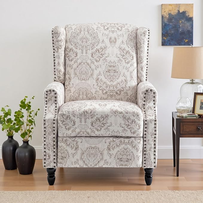UIXE Recliner Chairs Set of 2, Fabric Upholstered Armchair Pushback Accent Chair for Living Room, Floral Rivet Trim Club Chair Home Theater Single Sofa Bedroom Side Reading Seats - Beige