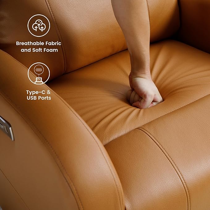 Power Recliner, Faux Leather Swivel Rocker Recliner Chair with USB Port, Electric Swivel Rocking Reclining Chair Glider Recliner for Adults Living Room, Brown