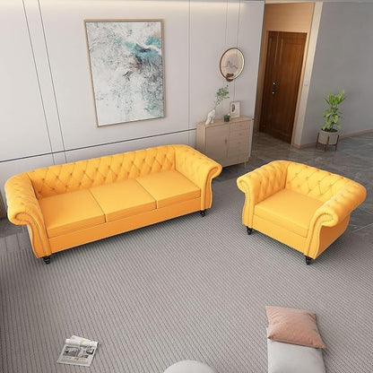 Living Room Chair, Modern Velvet Chesterfield Sofa Chair, Mid Century Single Sofa Couch Chair with Tufted Back and Rolled Arms, Accent Sofa Chair for Living Room Apartment, Yellow