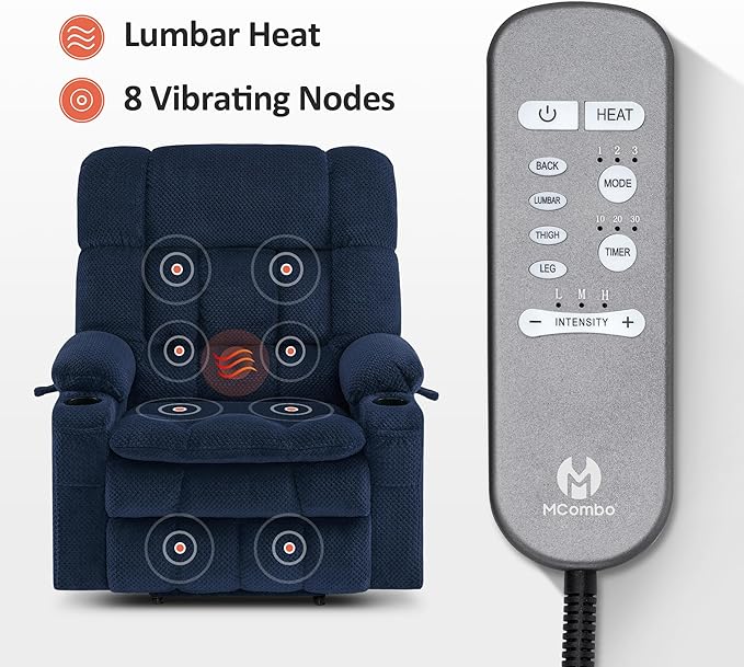 MCombo Oversized Power Lift Recliner Chair for Elderly, Dual Motor Lift Chair with Heat and Massage, Lay Flat Lift Chair for Big and Tall, Cup Holders, Fabric R7891 (Oversize, Navy Blue)