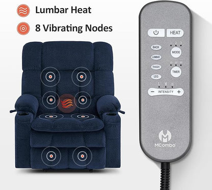 MCombo Oversized Power Lift Recliner Chair for Elderly, Dual Motor Lift Chair with Heat and Massage, Lay Flat Lift Chair for Big and Tall, Cup Holders, Fabric R7891 (Oversize, Navy Blue)