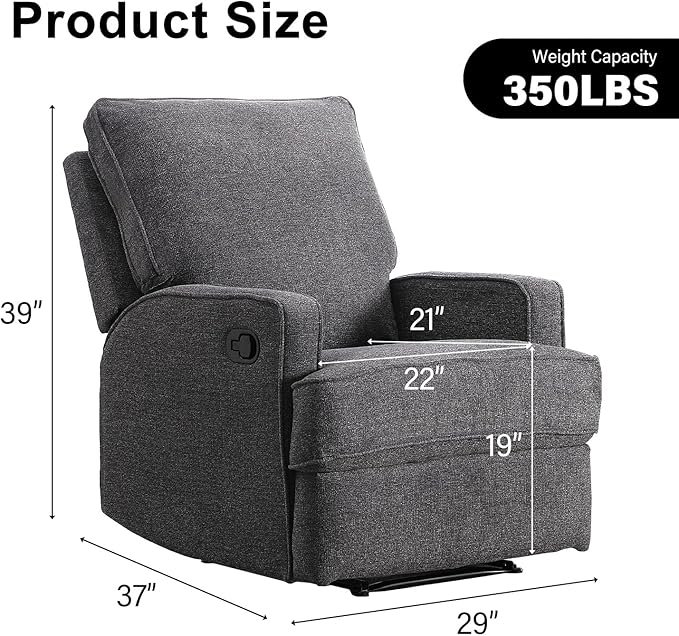INZOY Manual Recliner with Thicker Backrest, Soft Fabric Manual Recliner with Overstuffed Cushion, Heavy Duty Reclining Sofa for Living Room Bedroom Apartment, Grey