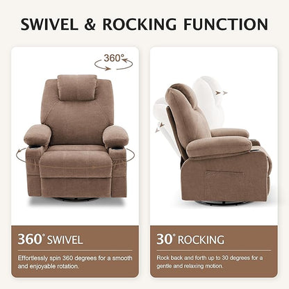 Oversized Swivel Rocker Recliner Chair with Heat and Massage, Large Big Recliner Chair for Living Room, 360 Degree Swivel Rocking Single Sofa with Cup Holders and USB Port(Fabric, Nut Brown)