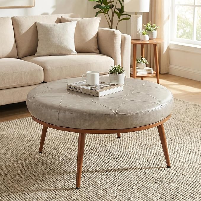 Round Ottoman Coffee Table - PU Leather Fabric, Metal Frame, Thick Cushioned Tabletop for Living Room, Therapy Room, or Style Lovers - Perfect as Coffee Table, Footstool, or Chair-Grey