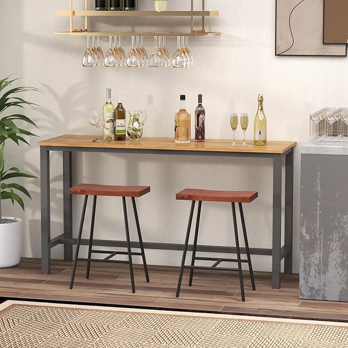 COSTWAY Industrial Bar Stools, 24-inch Backless Counter Height Saddle Stools with Footrest, Metal Legs, Adjustable Foot Pads, Barstools for Kitchen Island Cafe Restaurant, Walnut+Black (Set of 4)