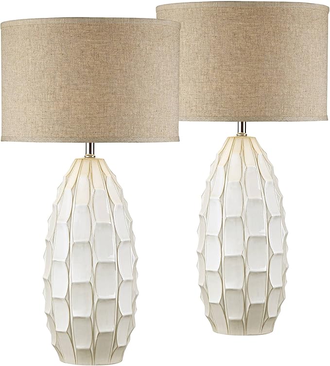 Possini Euro Design Cosgrove 32 3/4" Tall Oval Large Mid Century Modern Coastal End Table Lamps Set of 2 White Ceramic Living Room Bedroom Bedside Nightstand House Beige Shade (Colors May Vary)