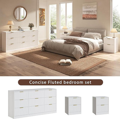 3-Piece Modern Bedroom Furniture Set, Wide 9-Drawer Dresser & 2-Drawer Nightstands Set of 2, Natural Wood Dresser and Nightstand Sets for Bedroom, Hallway, White