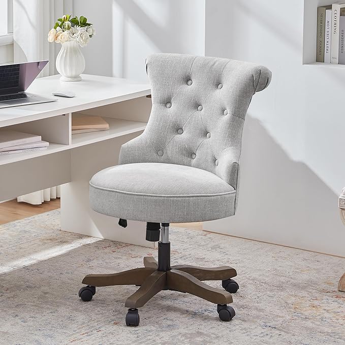 Home Office Adjustable Height Swivel Chair With Wheels - Linen Fabric Upholstered Computer Desk With Wooden Legs - Comfortable Armless for Study Studio (Light Grey)