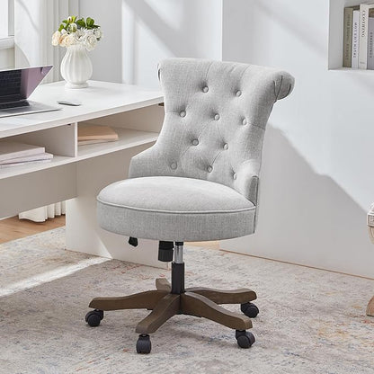 Home Office Adjustable Height Swivel Chair With Wheels - Linen Fabric Upholstered Computer Desk With Wooden Legs - Comfortable Armless for Study Studio (Light Grey)