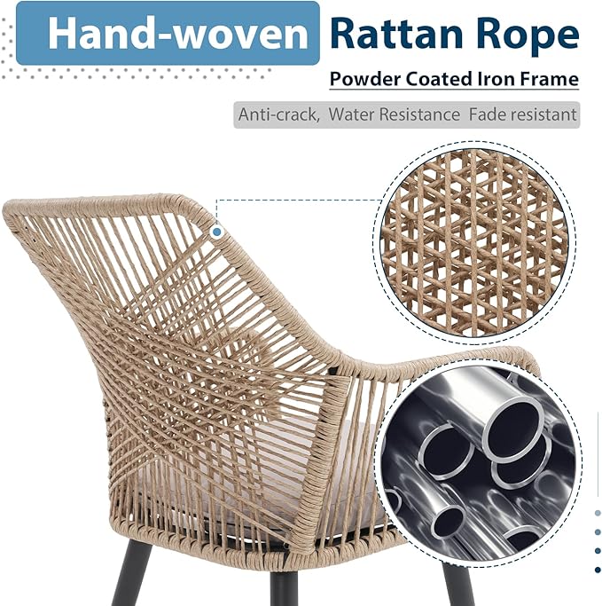 JOIVI Outdoor Dining Chairs Set of 2, 2 Pieces Woven Rope Patio Chairs with Armrest and Seat Cushions for Outside Porch, Balcony or Indoor Kitchen, Restaurant, Tan
