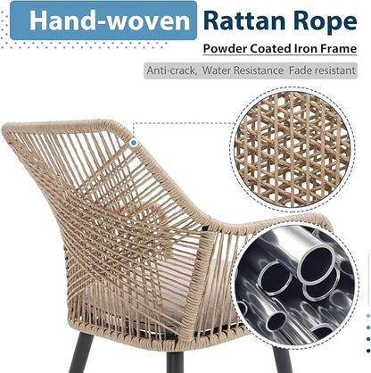 JOIVI Outdoor Dining Chairs Set of 4, 4 Pieces Woven Rope Patio Chairs with Armrest and Seat Cushions for Outside Porch, Balcony or Indoor Kitchen, Restaurant, Tan