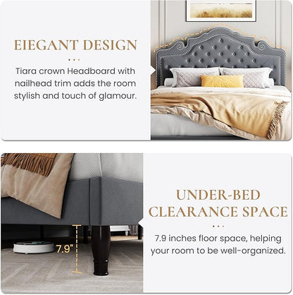 SHA CERLIN Full Size Bed Frame with Adjustable Headboard/Velvet Upholstered/Diamond Button Tufted and Metal Studs/No Box Spring Needed/Wooden Slat Support/Easy Assembly/Light Grey