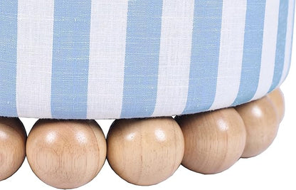 First of a Kind Ottoman Foot Rest - Pastel Blue Round Ottoman Stool with Solid Wood Spherical Orbs - 15.7" W x 15.7" D x 18.3" H - Handmade, Easy Clean, 330 lbs Weight Capacity