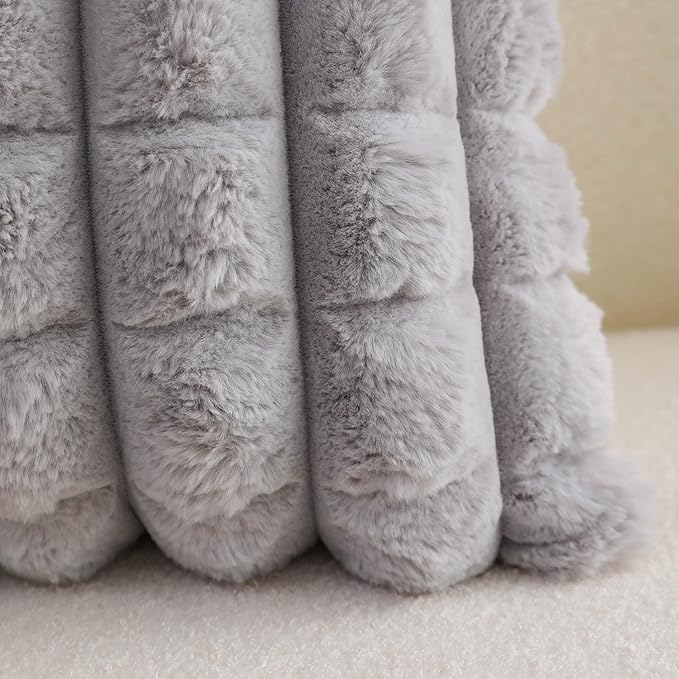 Neelvin Grey Faux Fur Cozy Soft Plaid Decorative Throw Pillow Covers 12x20 inch Set of 2,Velvet Pillowcase Cushion Case for Sofa Couch