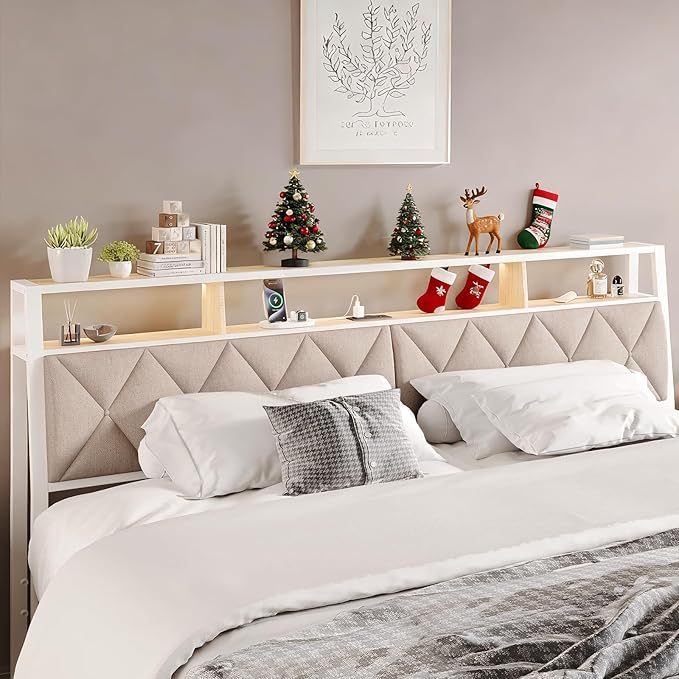 Queen Headboard Only, Headboard for Queen Size Bed with Storage, Upholstered Headboards with LED Lights & Charging Station, Attach Frame, Ideal for Bedroom/Dorm/Guest Room, White & Beige