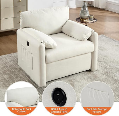 Oversized Accent Chair 38" Wide Mid-Century Modern Armchair for Living Room,USB and Type-C Ports,Comfy Reading Chairs for Bedroom with Side Pockets,Single Sofa Chair (Beige, Set of 1)