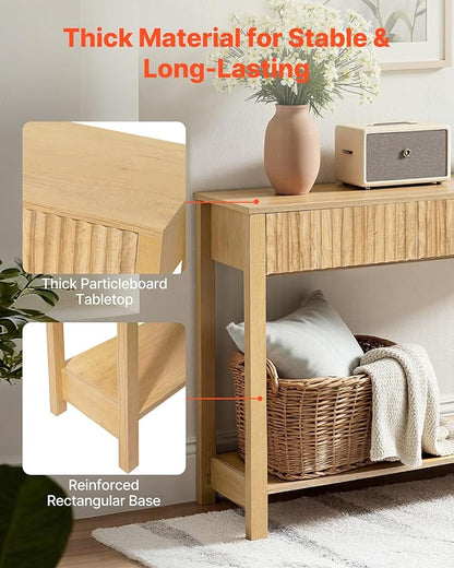 VEVOR 47 in Console Table, Farmhouse Desk Behind The Couch with Drawers and Bottom Storage Shelf, Wooden Rectangle Entrance Narrow Sofa Table for Hallway, Bedroom, Living Room, Foyer, Burlywood