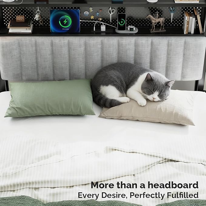 VINGLI Full Size Headboard Only, Adjustable Upholstered Headboard with 2 Tier Shelves and Pegboard with Charging Stations and LED Lights, Modern Bed Headboard with Storage for Bedroom Decor