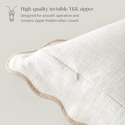 Double Stitch Scalloped Throw Pillow Covers - 100% Cotton Decorative Boho Pillow Covers 20 x 20, Made in India, Square Cushion Case, Modern Home Decor for Couch Sofa Living Room, Cream