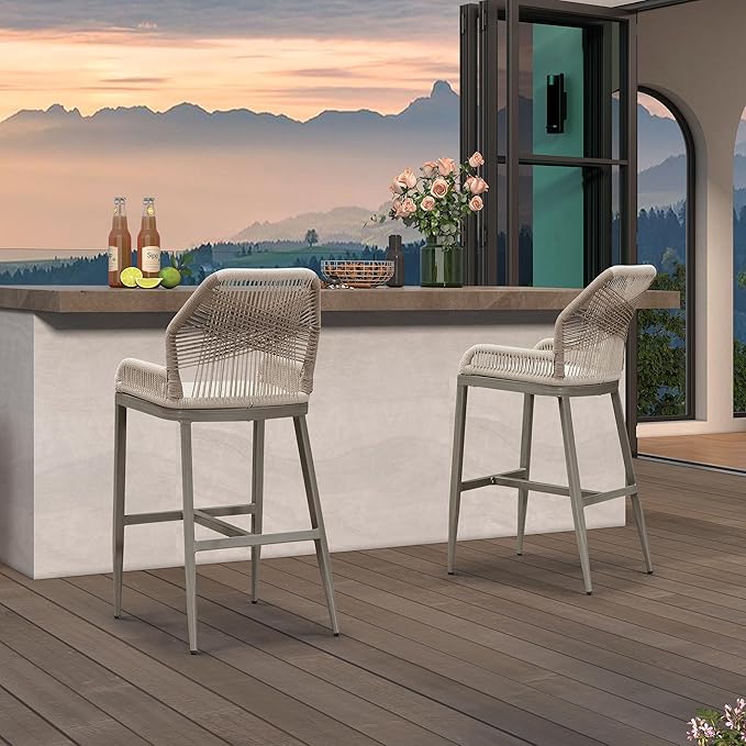 PURPLE LEAF 2 Pieces Bar Stools Patio Modern Rattan Barstools Aluminum Woven Tall Bar Chairs with Cushions for Outdoor Kitchen Island Garden