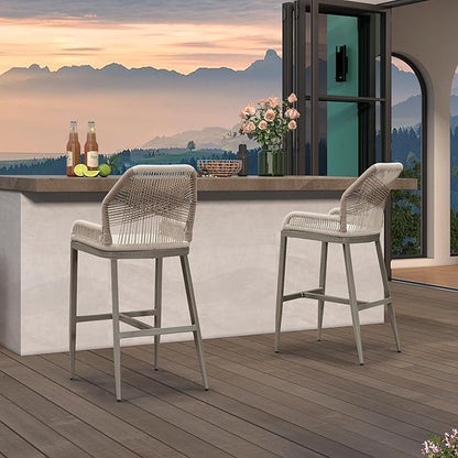 PURPLE LEAF 4 Pieces Bar Stools Patio Modern Rattan Barstools Aluminum Woven Tall Bar Chairs with Cushions for Outdoor Kitchen Island Garden