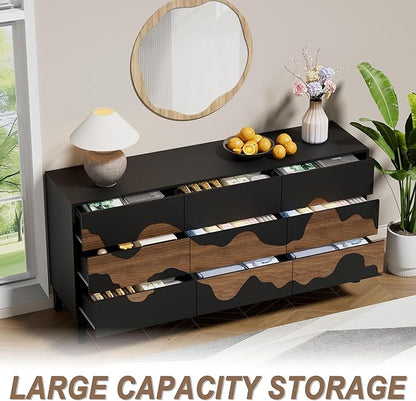 UEV 9 Drawer Dresser for Bedroom, 63" Long Mid-Century Modern Chest of Drawers with Unique Water Stream Pattern, Wooden Dressers Organizer for Living Room, Nursery (Black and Brown)