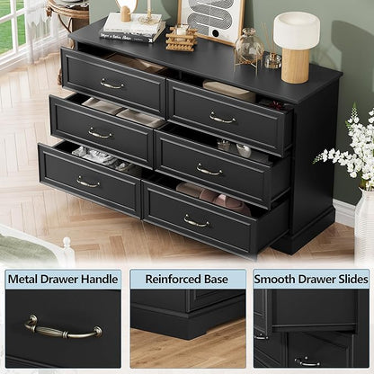 6 Drawer Dresser for Bedroom, 53" Wide Wooden Chest of Drawers, Rustic Farmhouse Dresser with Large Drawers & Metal Handles, Modern Storage Organizer for Closet, Living Room, Hallway, Black